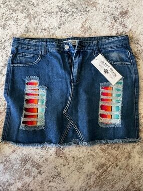 Crazy Train Women's Dark Blue Denim Skirt with Multicolor Embroidered Inserts
